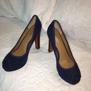 Navy Coach Peeptoe Pumps